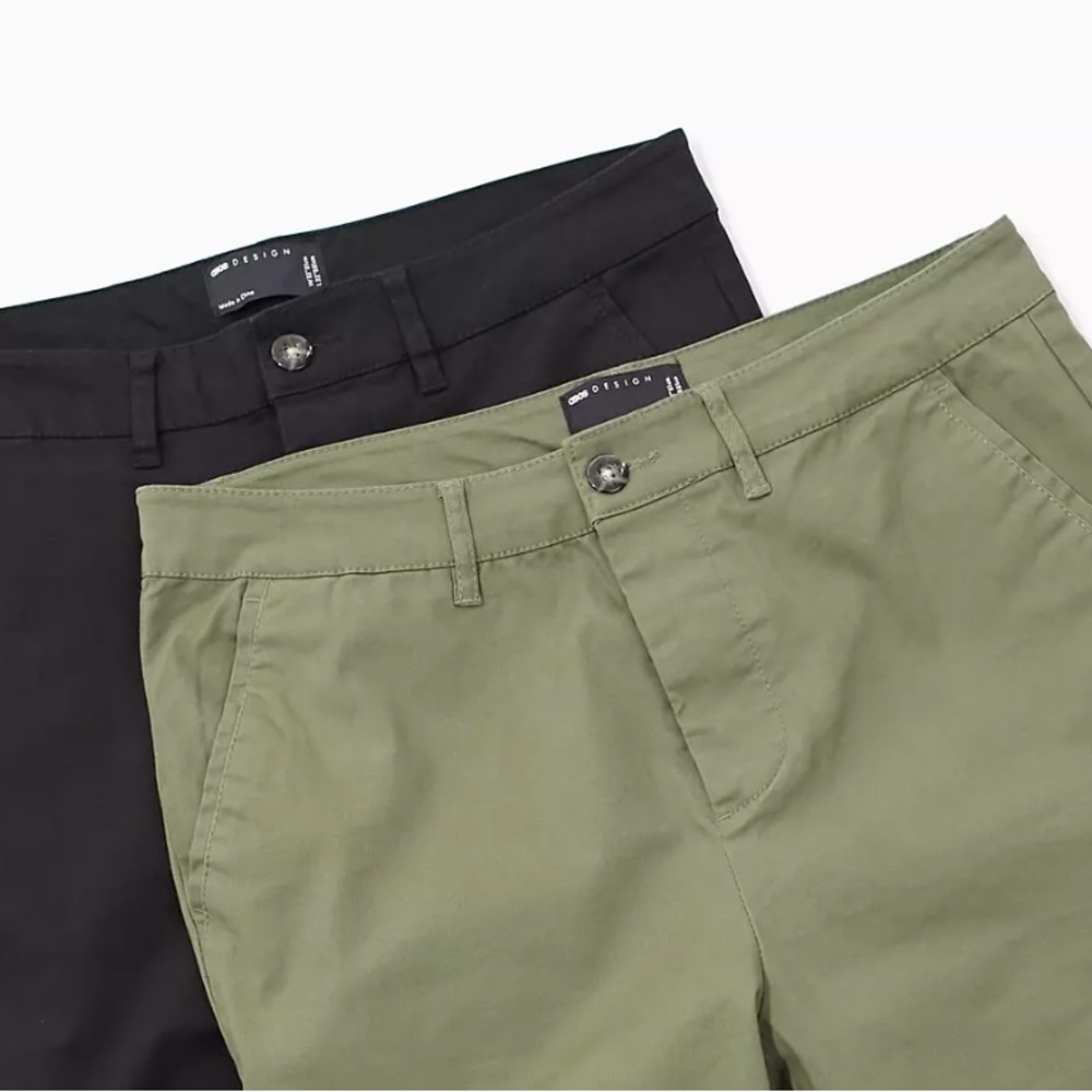 ASOS DESIGN 2 pack spray on chinos in black and dark khaki. W31 L30